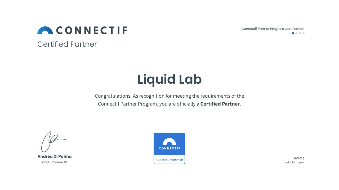 Certificatul Connectif Certified Partner emis pentru Liquid Lab, octombrie 2026
