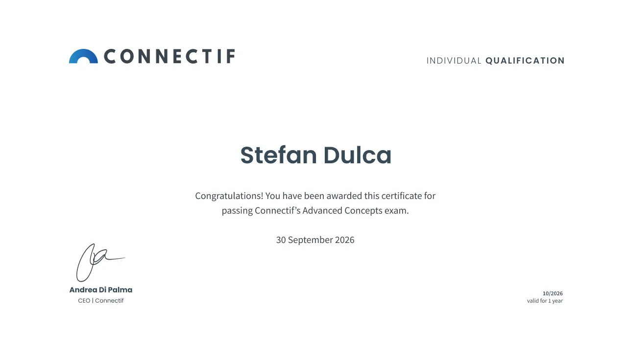 Certificatul Connectif Individual Qualification al lui Ștefan Dulca, examenul Advanced Concepts, 30 septembrie 2026